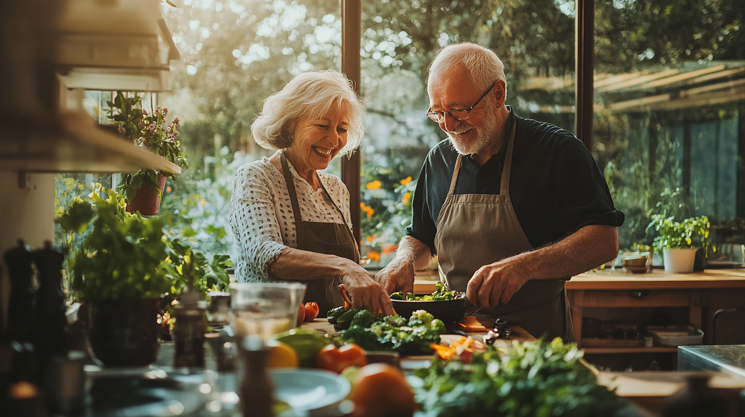 Щаслива пара старшого віку готує здорову їжу разом на кухні