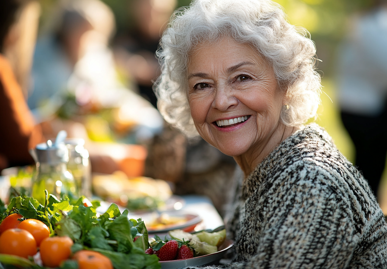 Активна жінка старшого віку із свіжими овочами та фруктами, усміхається